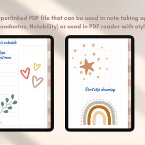 Puede incluir: Dos p&aacute;ginas de planificador digital en la pantalla de una tableta. La p&aacute;gina izquierda tiene una lista de tareas con el texto "Today's schedule", "Yoga" y "Meet mom". La p&aacute;gina derecha tiene un fondo punteado con un arco&iacute;ris, una estrella y el texto "Don't stop dreaming".