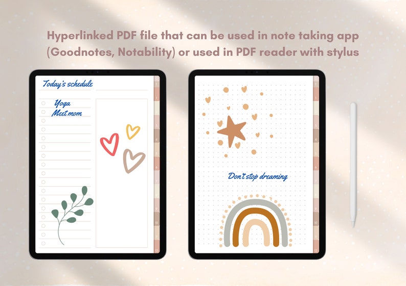 Puede incluir: Dos p&aacute;ginas de planificador digital en la pantalla de una tableta. La p&aacute;gina izquierda tiene una lista de tareas con el texto "Today's schedule", "Yoga" y "Meet mom". La p&aacute;gina derecha tiene un fondo punteado con un arco&iacute;ris, una estrella y el texto "Don't stop dreaming".