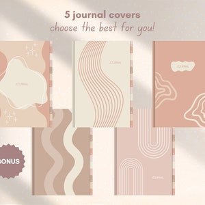 Puede incluir: Cinco dise&ntilde;os diferentes de cubiertas de diario con formas y l&iacute;neas abstractas en tonos marrones, beige y rosa. El texto "JOURNAL" aparece en cada cubierta. La palabra "BONUS" est&aacute; escrita en un c&iacute;rculo rosa.