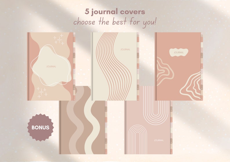 Puede incluir: Cinco dise&ntilde;os diferentes de cubiertas de diario con formas y l&iacute;neas abstractas en tonos marrones, beige y rosa. El texto "JOURNAL" aparece en cada cubierta. La palabra "BONUS" est&aacute; escrita en un c&iacute;rculo rosa.