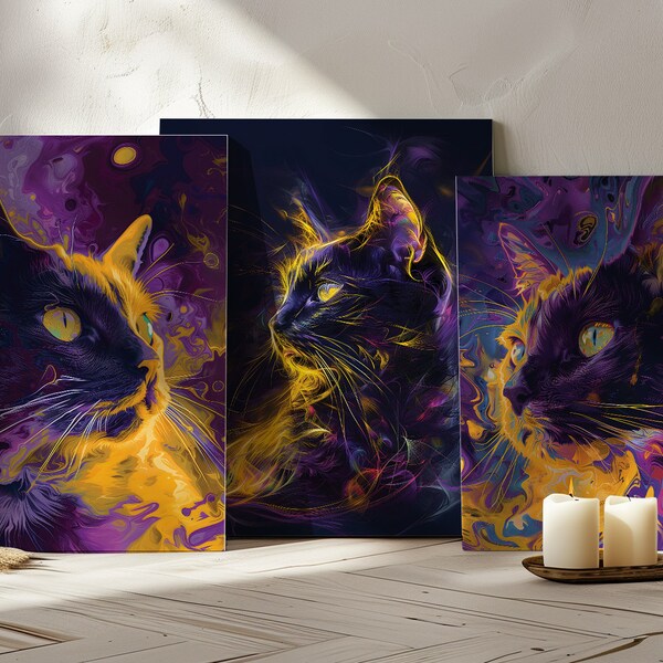 Psychedelic Cat Art Illustration - Vivid Feline Abstract, Colorful Cat Portrait, Modern Pet Art Print, Bold Vibrant Animal Wall Art