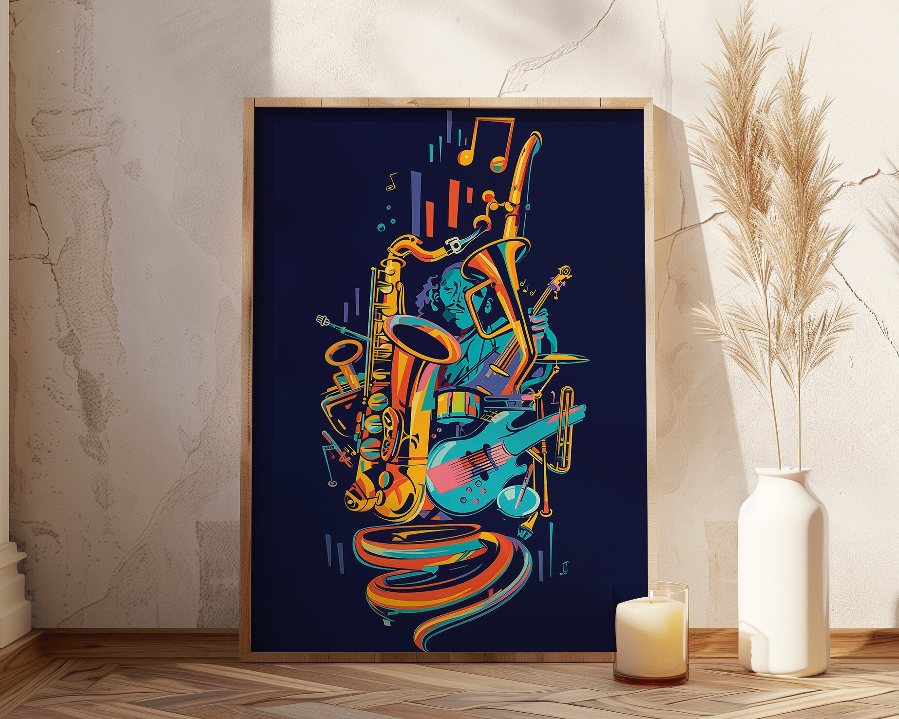 Melodic Fusion: Abstract Jazz Instruments Art Print, Vibrant Music Wall