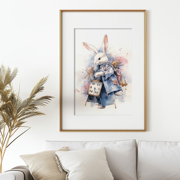 Whimsical Rabbit Clock Wall Art - Storybook Animal Illustration, Enchanted Nursery Decor, Fantasy Rabbit Print, Magical Timekeeper Artwork