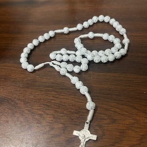Cross Necklace for Men and women  White Beads with rose Design Cross Pendant With white thread Ideal for Rosary for Men Stylish Gift GT#05