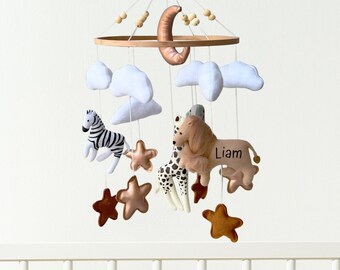 Personalised Safari Animal Baby Mobile, Baby Shower Gift, Baby Room Decor, Nursery Decor, Baby Gift, Cot Mobile, Crib Mobile, Baby Toy