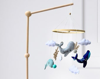 Ballena y delfín personalizado bebé móvil, guardería móvil, decoración de la guardería, habitación del bebé, regalo de baby shower, cuna móvil, cuna móvil, juguete del bebé