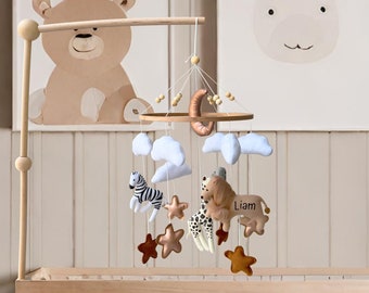 Giostrina per bambini personalizzata con animali Safari, Regalo per la doccia per bambini, Decorazione per la cameretta dei bambini, Decorazione per l'asilo nido, Regalo per bambini, Giostrina per lettino, Giostrina per culla, Giocattolo per bambini