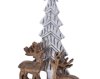 Dekofigur Weihnachtsbaum mit Hirschen 20x31cm Weihnachtsdeko Mangoholz Aluminium