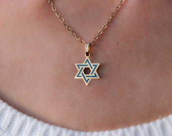 Azure Star Of David necklace, elegant minimalist resin-filled Israel Magen David jewelry, Jewish star pendant, radiant Judaica charm
