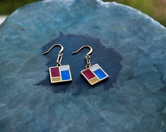 Piet Mondrian Square Dangler Earrings, Colorful Resin Art Inspired Geometric Jewelry, Abstract Composition with Red, Blue and Yellow Pendant