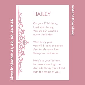 Personalized Happy 1st Birthday Poem For Hailey Printable Celebration Verse For Daughter Granddaughter Niece Instant Download Milestone Gift