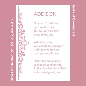 Addison Personalized Happy 1st Birthday Poem Printable Celebration Verse For Daughter Granddaughter Niece Instant Download Children&#39;s Rhyme