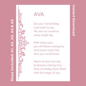 Personalized Happy 1st Birthday Poem For Ava Printable First Celebration Verse Instant Download For Little Girl Turning One Joyful Greeting