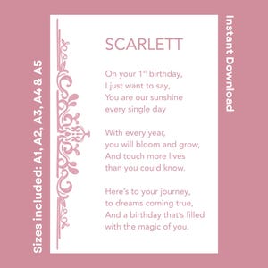 Personalized Happy 1st Birthday Poem For Scarlett Printable Verse For Daughter Granddaughter Turning One Instant Download Children&#39;s Rhyme
