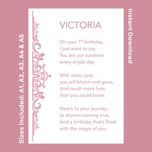 Personalized Happy 1st Birthday Poem For Victoria Printable Children&#39;s Rhyme Gift For Daughter Granddaughter Turning One Instant Download