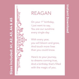 Reagan Personalized Happy 1st Birthday Poem Printable Celebration Verse For Daughter Granddaughter Niece Turning One Instant Download