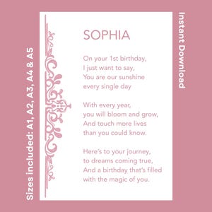 Personalized Happy 1st Birthday Poem For Sophia Printable Joyful Greeting For Little Girl Turning One Instant Download Children&#39;s Rhyme