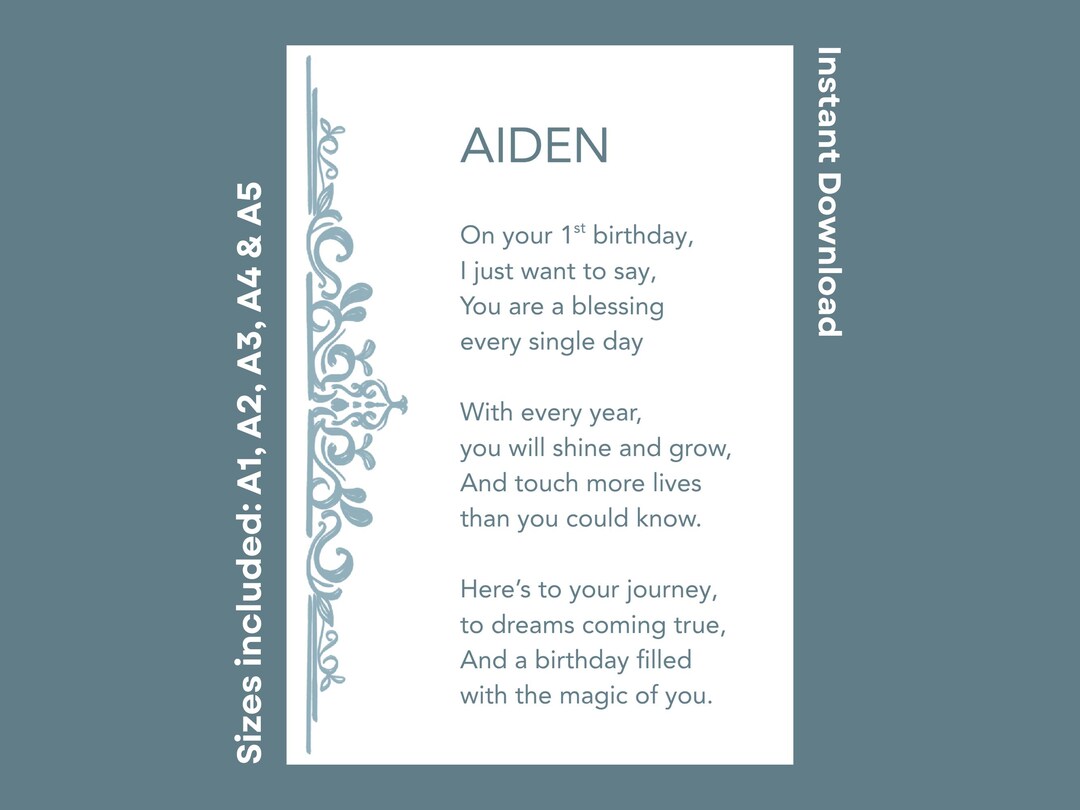 Aiden Personalized Happy 1st Birthday Poem Printable Gift First