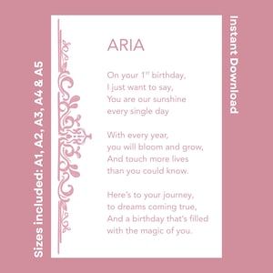 Personalized Happy 1st Birthday Poem For Aria Printable Joyful Greeting For Daughter Granddaughter Turning One Instant Download Kids Verse
