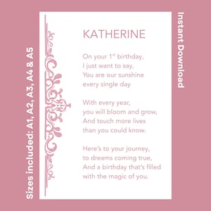 Katherine Personalized Happy 1st Birthday Poem Printable Verse For Daughter Granddaughter Niece Turning One Instant Download Milestone Gift
