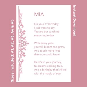 Personalized Happy 1st Birthday Poem For Mia Printable Celebration Verse For Little Girl Turning One Instant Download Children&#39;s Rhyme