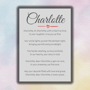 Poème personnalisé de Charlotte, parfait pour la décoration de chambre d'enfant, art mural imprimable, cadeau pour bébé, souvenir, téléchargement immédiat, PDF imprimable haute résolution