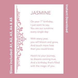 Jasmine Personalized Happy 1st Birthday Poem Printable Gift Celebration Verse For Daughter Granddaughter Niece Turning One Instant Download