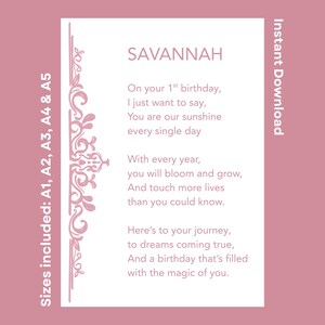Personalized Happy 1st Birthday Poem For Savannah Printable Verse For Daughter Granddaughter Turning One Children&#39;s Rhyme Instant Download
