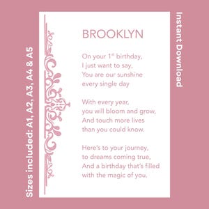 Personalized Happy 1st Birthday Poem For Brooklyn Printable Celebration Verse For Daughter Granddaughter Instant Download Children&#39;s Rhyme