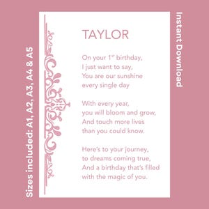 Taylor Personalized Happy 1st Birthday Poem Printable Verse For Daughter Granddaughter Niece Turning One Instant Download Children&#39;s Rhyme