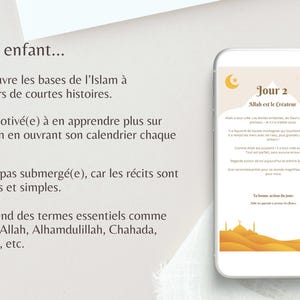 以下が含まれることがあります： スマートフォンには、フランス語のテキストが表示されたデジタルイスラム暦のページが表示されています。画面には三日月、ランタン、金色のモスクのシルエットが表示されています。テキストは、短い物語を通してイスラム教について学ぶことを説明しています。