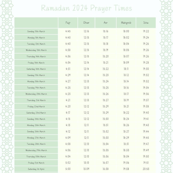 London Prayer Timetable Ramadan
