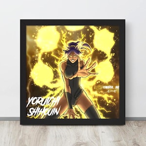 May include: Framed artwork with an anime-style illustration. It shows a character with purple hair and a black outfit, set against yellow energy bursts. The text on the artwork reads "YORUICHI SHIHOIN".