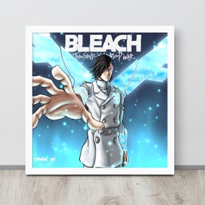 May include: Framed art print of a Bleach: Thousand-Year Blood War character. The illustration shows a figure in a white coat with an outstretched hand, set against a blue and white backdrop. The title "BLEACH Thousand-Year Blood War" is displayed at the top.