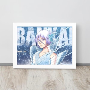 May include: Framed art print depicting a character with white and purple hair, dressed in a light blue outfit. The word "BANKAI" is displayed in large, icy letters. The artist's name, "MOISE ART," is visible in the lower left corner. The artwork is set against a light blue background.