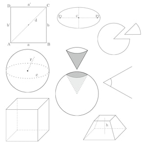Kształty geometryczne (figury płaskie, figury bryłowe). Grafika wektorowa w jednym pliku SVG (kompletny zestaw figur, linii, kątów, obiektów, ikon)