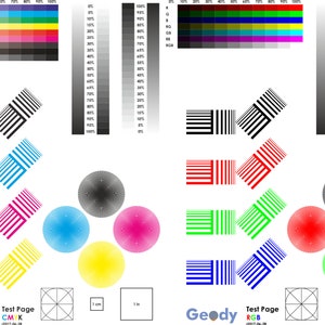 Drucker-Testseiten für Farb- (CMYK + RGB) und Schwarzweißdrucker. Überprüfen Sie auf Graustufen, Kontrast, Moiré, Verzerrung und mehr