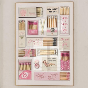 Póster rosa de caja de cerillas de moda, impresión vintage de caja de cerillas, arte de pared retro de cerillas rosas, impresión estética divertida para apartamento, impresión de Qué afortunados somos