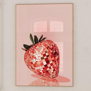 Pinky Disco Pinky Erdbeeren Wand Kunst Print, Barwagen Kunst Preppy Disco Ball Poster, Trendy Wohnheim Zimmer Dekor, Pink Rot Funky Küche druckbare Kunst