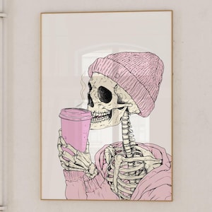 Trendy Pink Skeleton Coffee Halloween Wall Art, Disco Ball Aesthetic Print Pink Printable Wall Art Trendy Poster Funky Decor Funny Halloween
