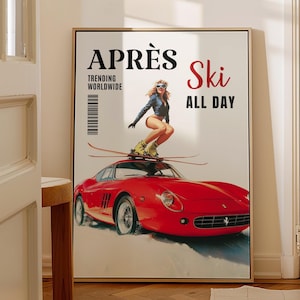 レトロなアフタースキーのウォールアート、雑誌の表紙のレトロな車のプリント、トレンディなポスター、女の子の部屋の装飾ヴィンテージスキーガールの冬のウォールアートの即時ダウンロード