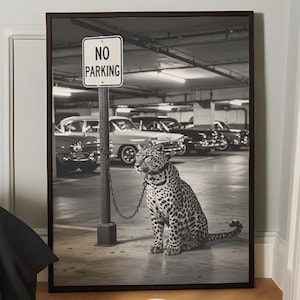 Urban Leopard Czarno-biały modny obraz ścienny - odważny wydruk fotografii dzikiej przyrody - nowoczesny minimalistyczny wystrój domu, sztuka ścienna Cheetah Preppy