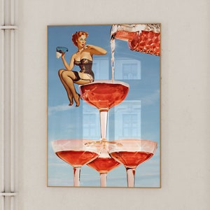Blauer Vintage Barwagen-Druck Alkohol prost Druck, Champagnerglas-druckbare Wandkunst Preppy-Wanddekor Barwagenschilder, Barwagenzubehör