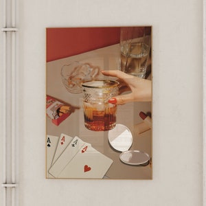 Retro printkaarten en drankjes muurprint, blauwe pokernachtkaarten & drankjes, retro digitale downloadprint, grote afdrukbare, Bar Cart Decor