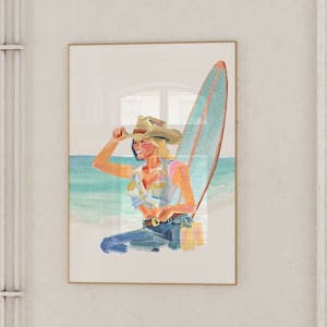 Coastal Cowgirl Art Print: Pink Western Surfboard Painting (Digital Download)