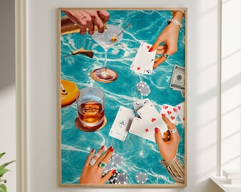 Vintage Blue Playing Cards Wall Print, Blue Poker Night Cards & Drinks, Retro Digital Download Print, Large Printable, Bar Cart Decorations