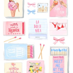 Puede incluir: Ilustración en acuarela con varias cajas de cerillas con diseños únicos. Incluye una caja de cerillas con un cono de helado, sellos, lazos y el texto "CIN CIN". Otras cajas tienen el texto "Match Made in Heaven" y "Meet Me at the Beach".