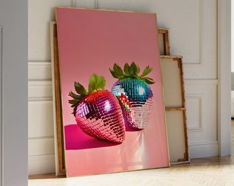 Disco Pinky Strawberries Wall Art Print, Bar Cart Art Preppy Disco Ball Poster, Trendy Dorm Room Decor, Pink Red Funky Kitchen Printable Art