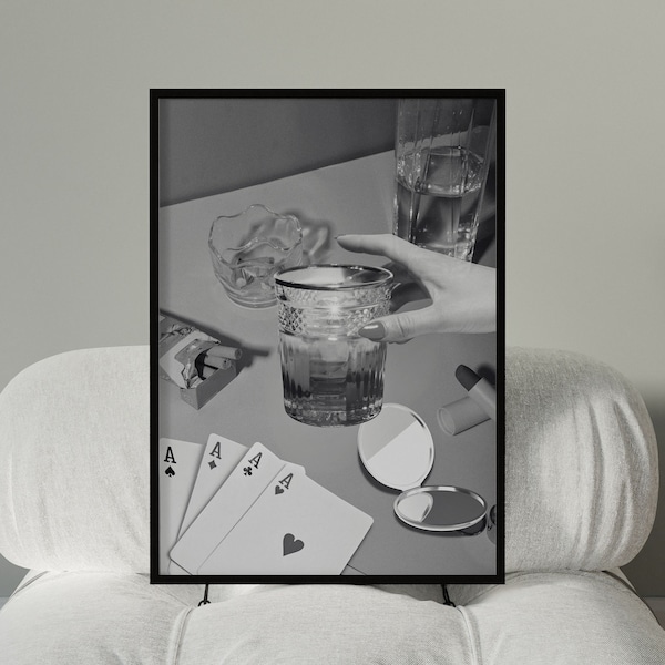 Black and White Cards and Drinks Wall Print, Blue Poker Night Cards & Drinks, Retro Digital Download Print, Large Printable, Bar Cart Decor