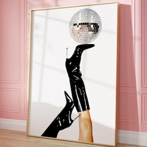 Modne czarne buty z nadrukiem retro disco, wózek barowy retro it girl, edycja bogacza luksusowego, wystrój akademika preppy, feministyczna sztuka ścienna do pobrania natychmiast